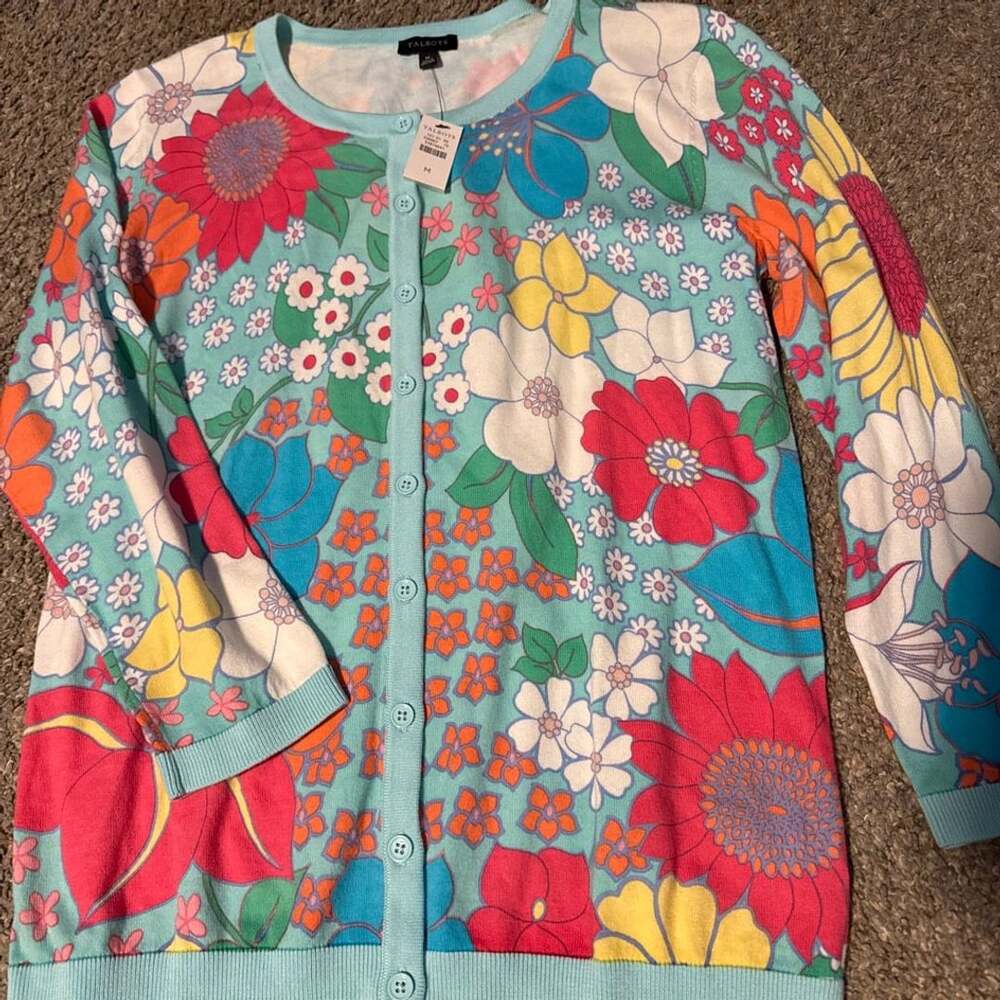 NWT Talbots Multi-Color Floral Print Button-Front Cardigan Sweater Medium